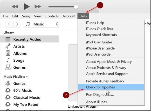 Öffnen Sie iTunes und klicken Sie auf Hilfe.
Wählen Sie Nach Updates suchen und installieren Sie alle verfügbaren Updates.