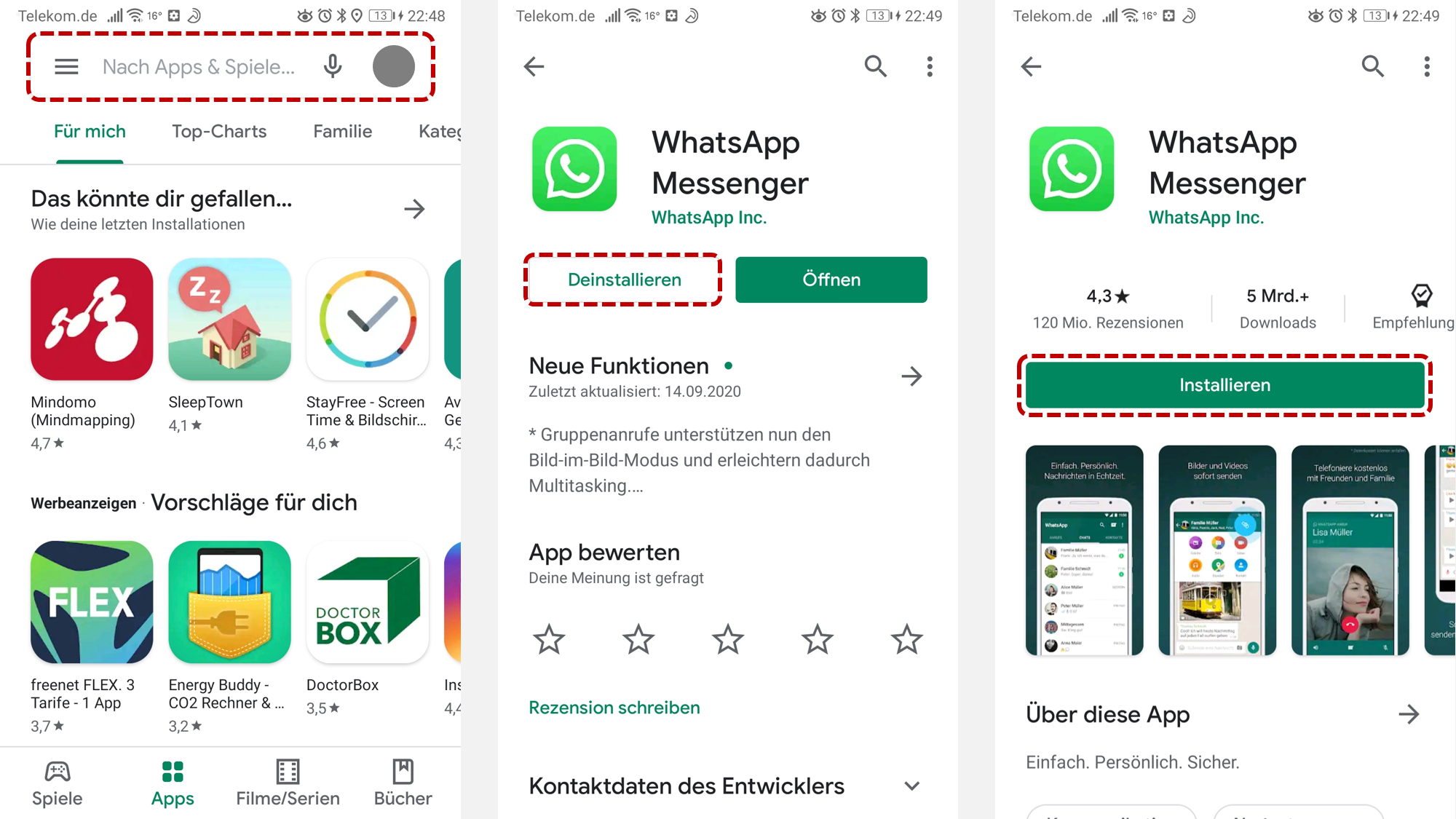 Tippen Sie auf WhatsApp, um die App-Seite zu öffnen.
Tappen Sie auf Installieren, um WhatsApp erneut zu installieren.